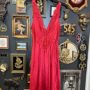 Vintage Olga Nightgown Red Lace Maxi • Romantic Lingerie Dress • size Medium